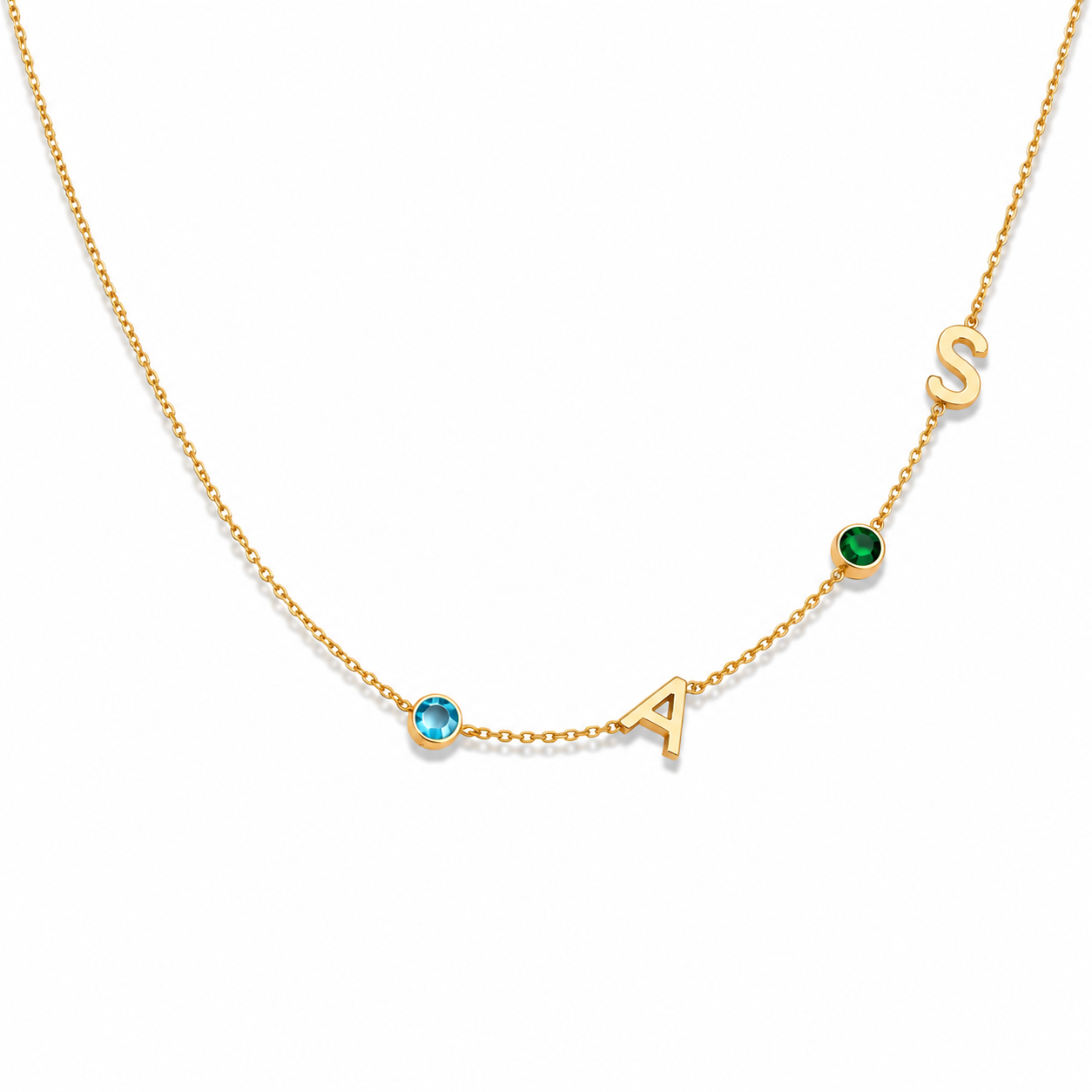 Personalized Couple Initial Letter Necklace with Both Birthstones – 18K Gold Plated (Premium Quality