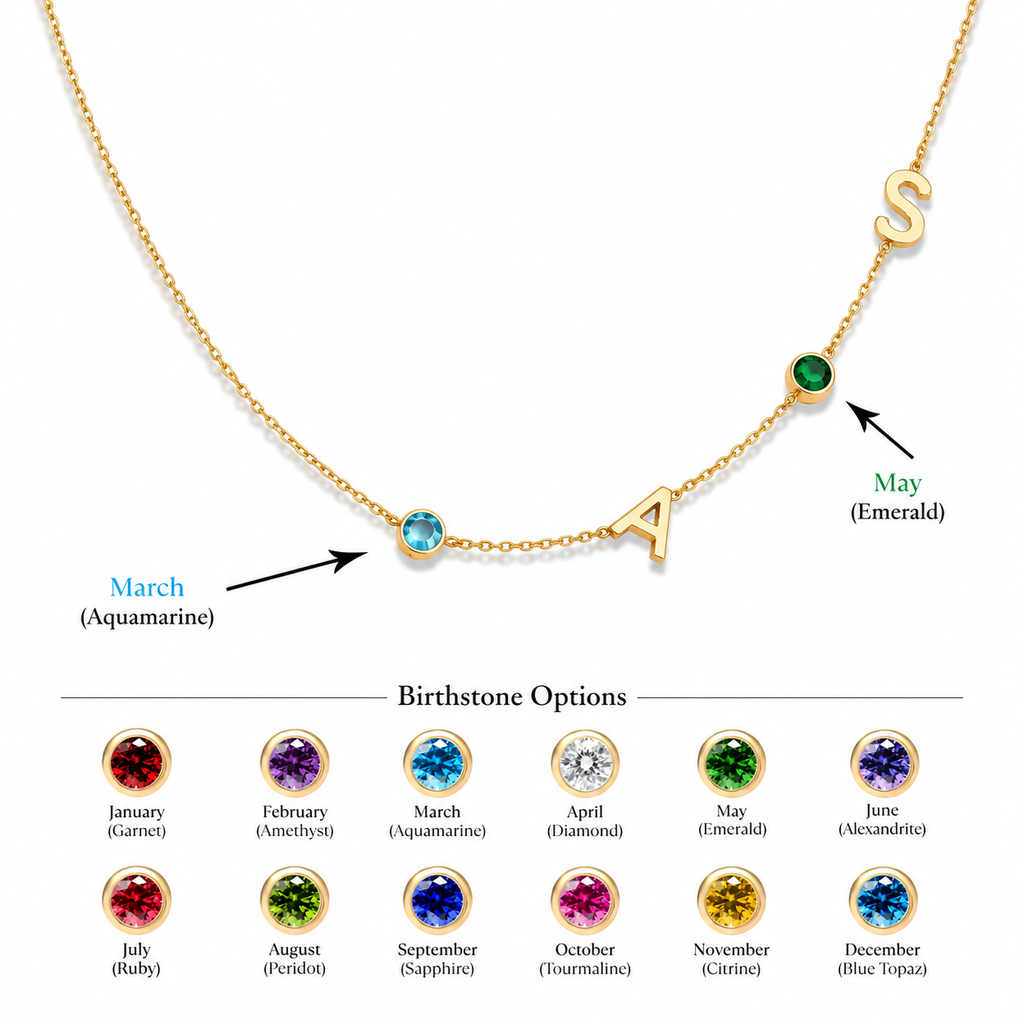 Personalized Couple Initial Letter Necklace with Both Birthstones – 18K Gold Plated (Premium Quality