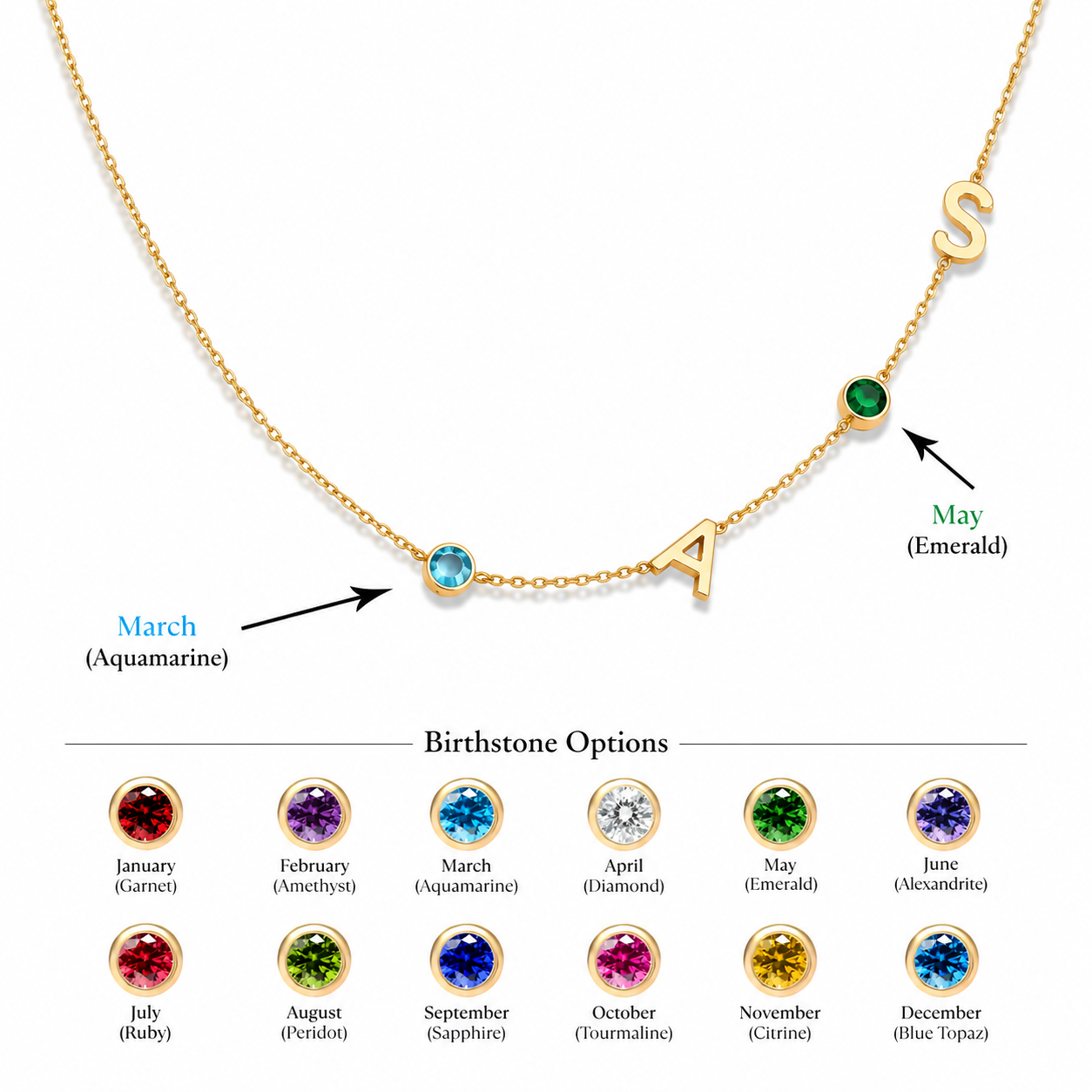 Personalized Couple Initial Letter Necklace with Both Birthstones – 18K Gold Plated (Premium Quality