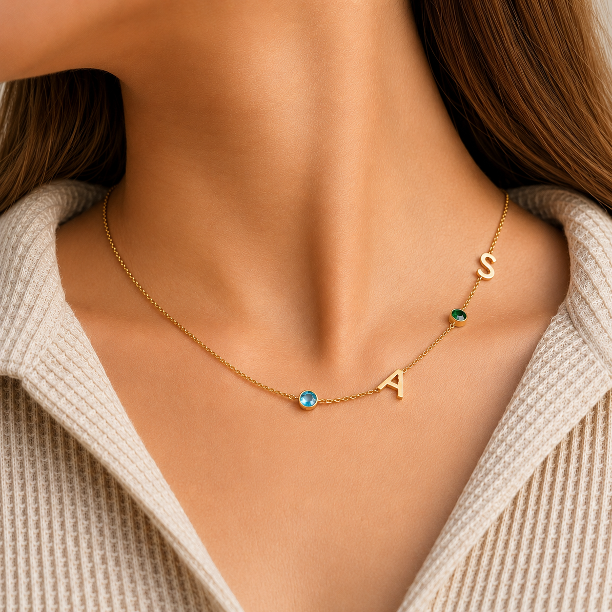 Personalized Couple Initial Letter Necklace with Both Birthstones – 18K Gold Plated (Premium Quality