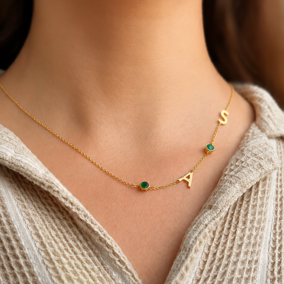 Personalized Couple Initial Letter Necklace with Both Birthstones – 18K Gold Plated (Premium Quality