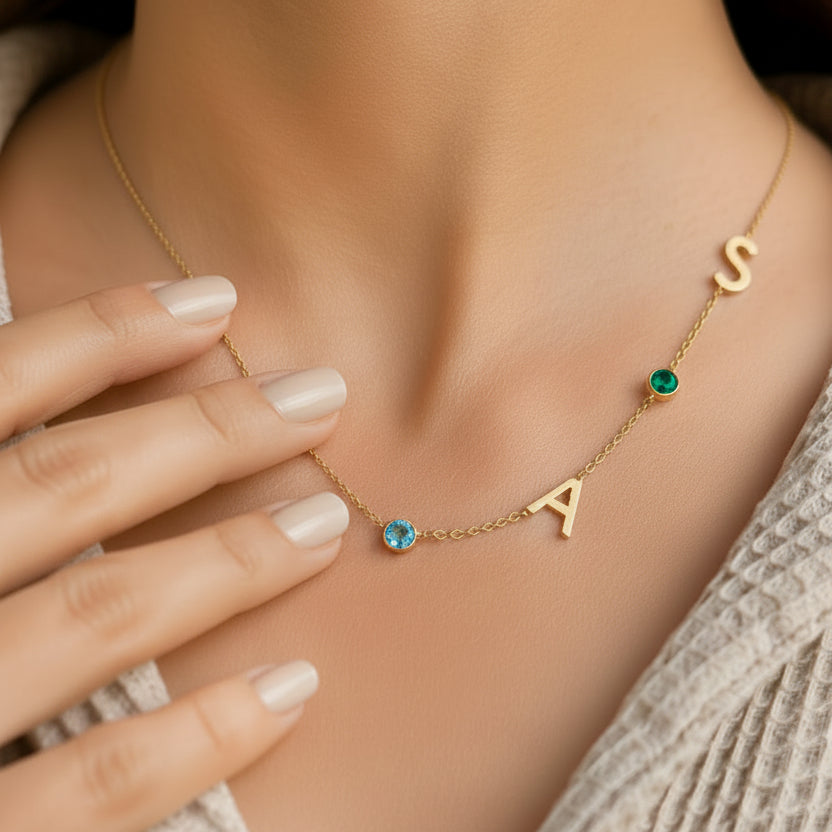Personalized Couple Initial Letter Necklace with Both Birthstones – 18K Gold Plated (Premium Quality