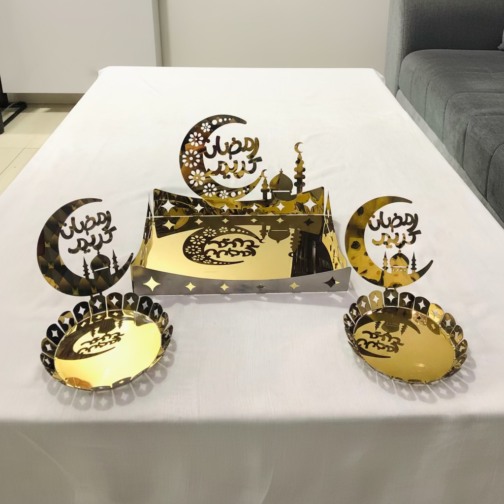 Decorative set with laser-cut designs on a white surface