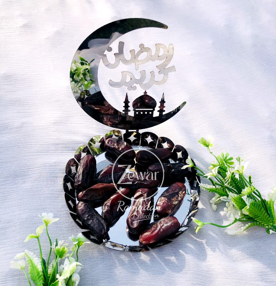 Ramadan Kareem Stainless Steel Dates Serving Tray – Elegant Round Plate for Iftar, Suhoor & Eid Gifts